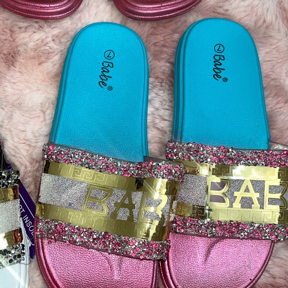 Bebe Pink and Gold Glitter Slides with Blue Insole
